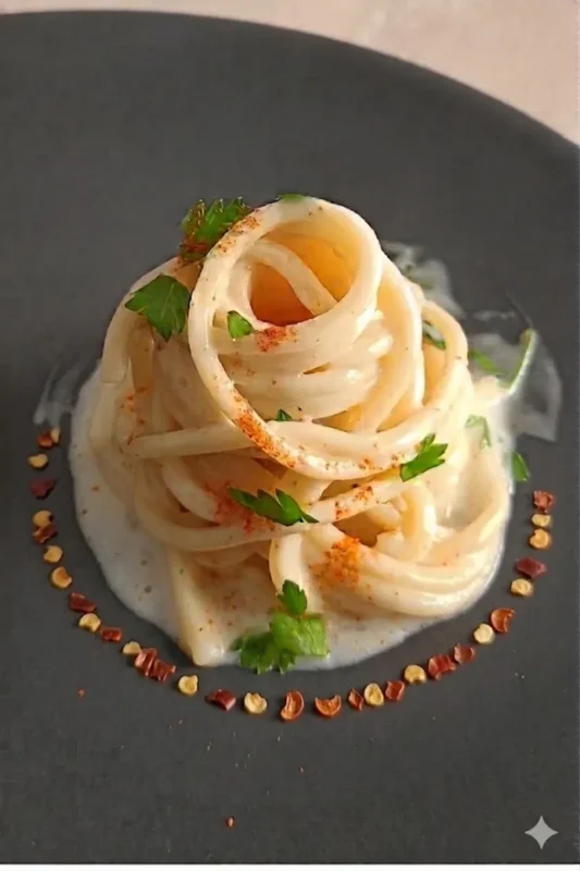 Pasta aglio olio e peperoncino verticale