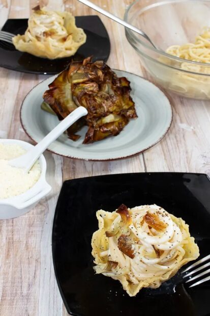 Cacio e pepe con carciofi alla giudia (cacio e pepe with Roman-Jewish fried artichokes)